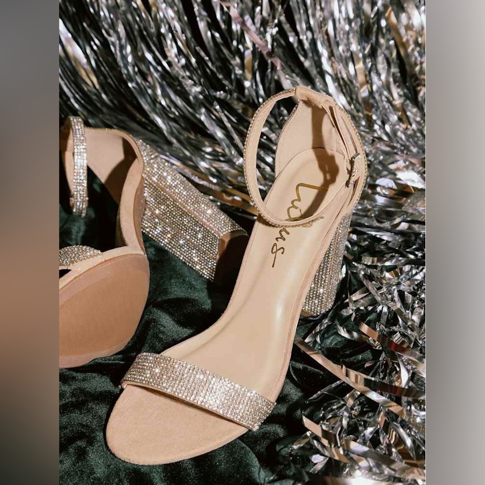 Sparkle Block Heel Sandals in Nude with Rhinestone Accent